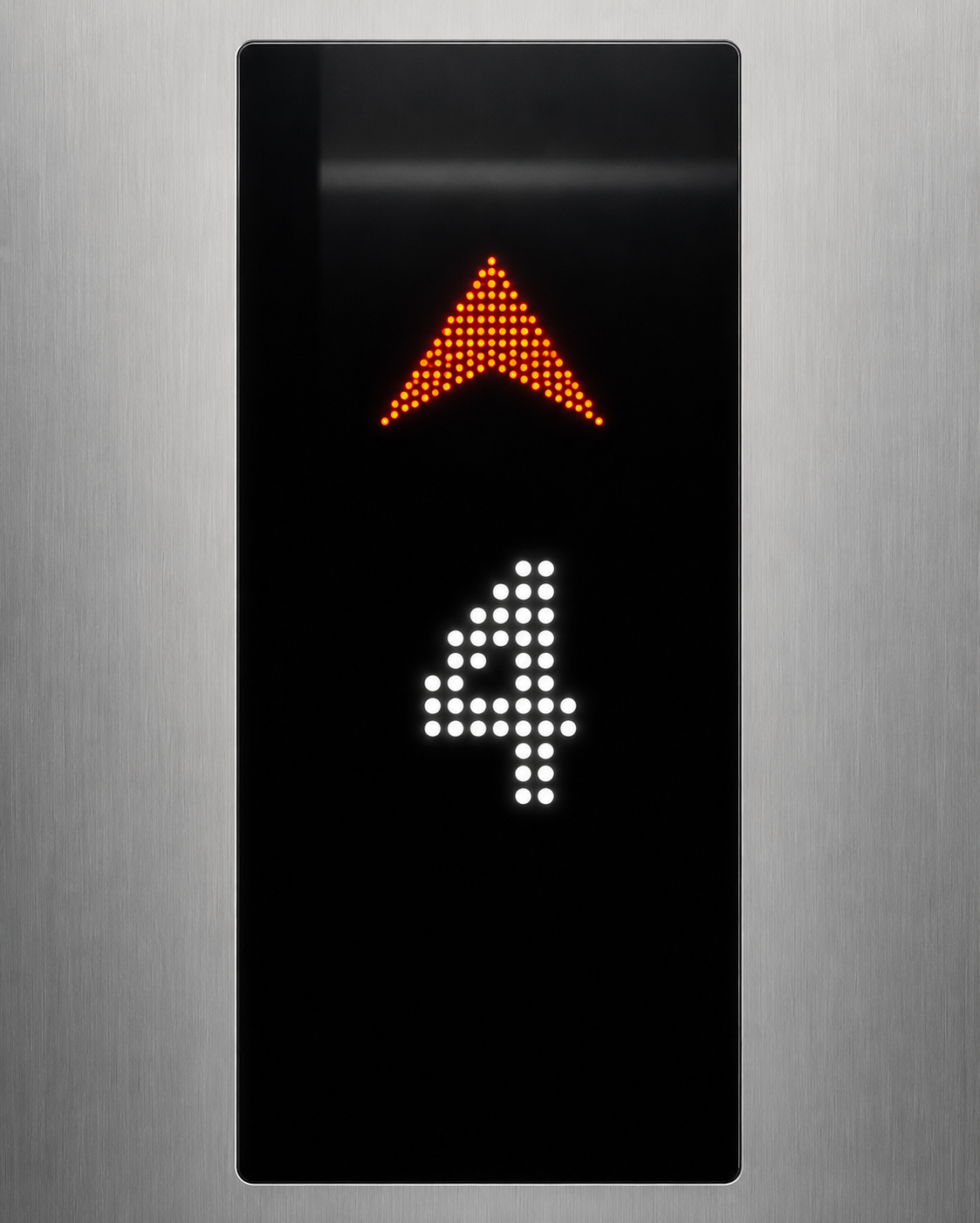 Elevator dot-matrix indicator: orange arrowhead above the numeral four
